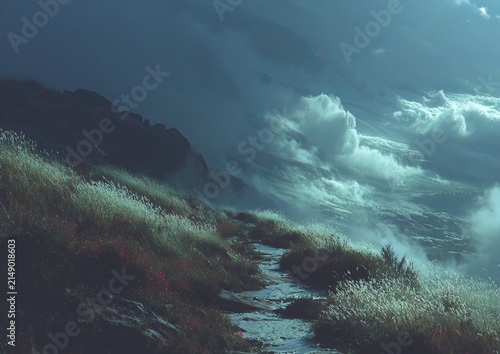 Mystical Mountain Path - A Nighttime Landscape with Clouds and Grass.