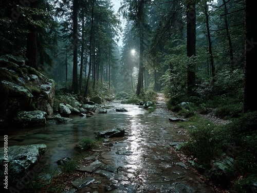 Mystical Forest Stream - A Serene Journey Through Natures Embrace.