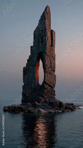 Spectacular Rock Formation with Natural Arch in the Sea at Sunset.