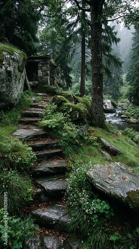 Stone Steps Leading to a Cabin in a Lush Forest.