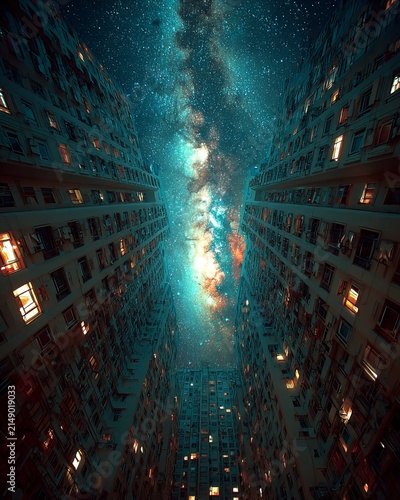 Urban Galaxy - A surreal view of city buildings reaching for the cosmos.