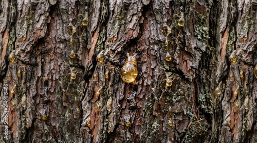 Close up of rough tree bark with amber resin droplets.