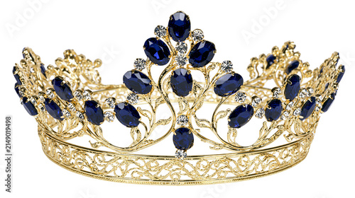 Ornate gold tiara with deep blue oval gemstones and clear crystals