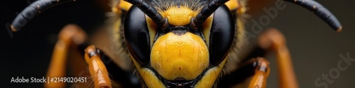 Close-up of a hornet's face, intricate details, pattern, wasp, color