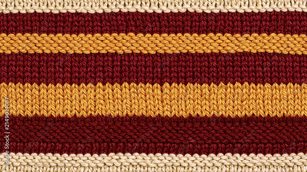 Fototapeta premium Red, yellow, and cream knitted striped seamless pattern texture background
