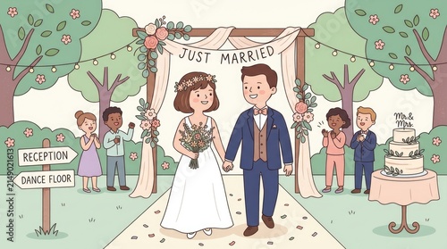 Adorable Newlywed Couple Walking Through Outdoor Wedding Ceremony Cartoon Illustration
