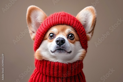 A small dog wearing a red knitted hat and scarf