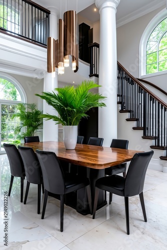 A dining room with a large wooden table and black chairs