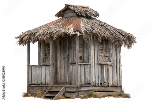 Fire-damaged wooden hut with charred logs and burnt roof, weathered texture, ruins after fire, isolated on transparent background