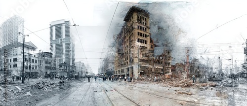 Devastation after an earthquake - A city in ruins, buildings destroyed.