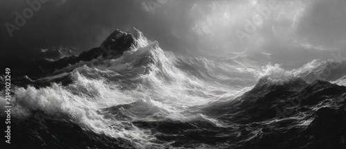 Dramatic Black and White Seascape with Turbulent Waves and Stormy Sky.
