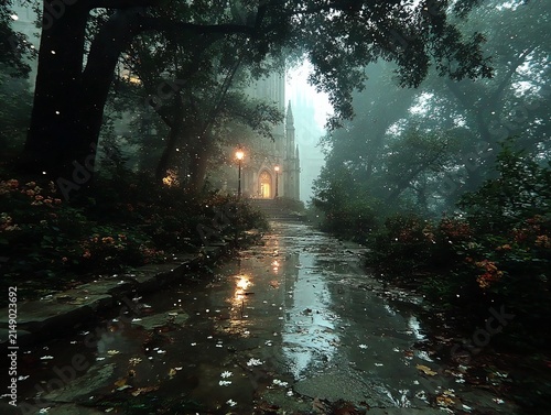 Eerie Park Path in the Rain - A Foggy Urban Landscape.
