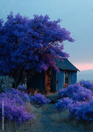 Enchanting Purple Landscape - A Dreamy Cottage Scene with Vibrant Flora.
