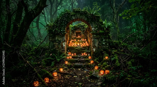 Stone archway covered in thick moss serves as a magical altar filled with glowing candles and pumpkins.