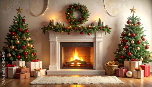 Cozy Christmas Living Room with Decorated Tree and Gifts by a Warm Fireplace, Festive Holiday Interior with Glowing Lights and Rustic Hearth for Winter Celebration