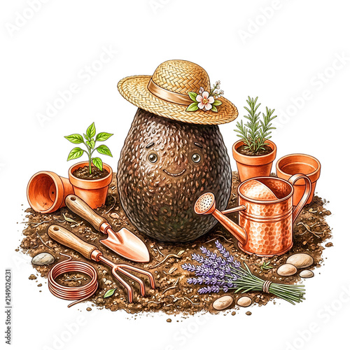 Cute cartoon avocado character wearing a straw farmer hat, surrounded by vintage copper gardening tools, terracotta pots, plant seedlings and lavender flowers on soil