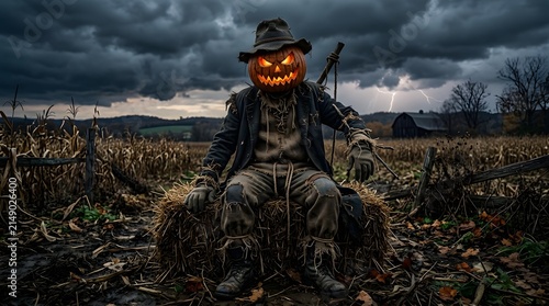 Scarecrow with a glowing jack-o'-lantern head sits on a hay bale in a desolate field during a storm.