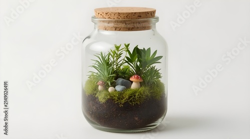 A moss terrarium inside a clear glass jar with a natural cork lid. Inside the jar contain green moss, small plants, and tiny mushroom-like ornaments arranged over a layer of dark soil.