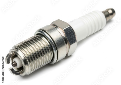 Close-up of car spark plug with wire isolated on white background