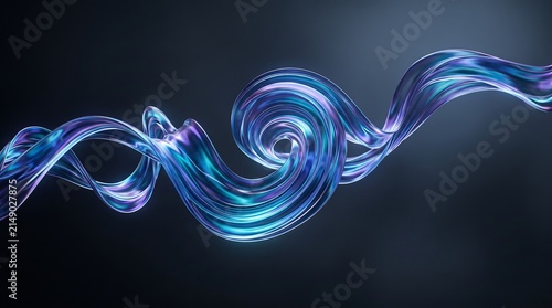 Abstract flowing liquid glass wave with iridescent blue reflections and smooth motion on a dark cinematic background