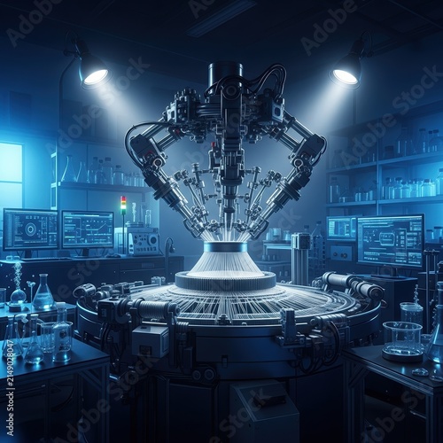 Obraz na płótnie Advanced Laboratory Setup with Robotic Automation in Blue Lighting