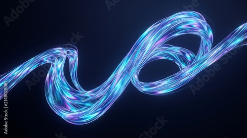 Abstract flowing blue light ribbons with glowing neon energy waves and iridescent texture on a dark background