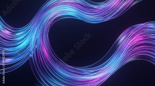 Abstract flowing light waves with vibrant blue and purple neon glow on dark background for modern technology design
