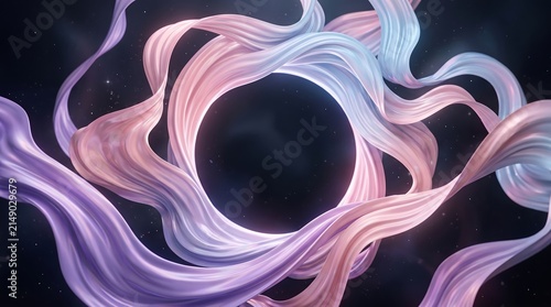 Abstract flowing liquid ribbons in pastel pink and purple hues swirling around a dark circular void space