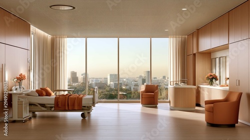 Modern hospital room with large windows, elegant furnishings, serene view, and vibrant orange accents