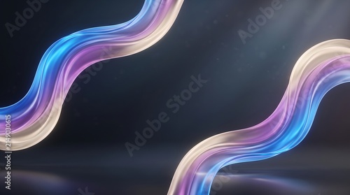 Abstract flowing liquid ribbons with iridescent colors and soft glowing light effects on a dark studio background