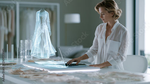Professional reviewing digital garment design on holographic display with fabric samples with depicts focused individual modern workspace analyzing translucent