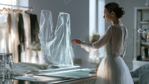 Elegant woman examining translucent fabric designs in modern workshop lighting with captures poised individual sleek workspace delicately exploring
