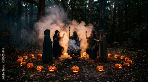 Witches gather in a dark forest circle surrounding a glowing cauldron filled with magical vapors and surrounded by illuminated jack-o'-lanterns for a traditional spooky ritual ceremony.