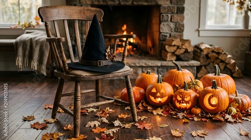 Witch hat resting on a wooden chair sits beside a collection of glowing carved pumpkins near a cozy fireplace on a fall evening.