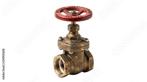 Gate valve with a red handle sits isolated against a plain white background for industrial applications.