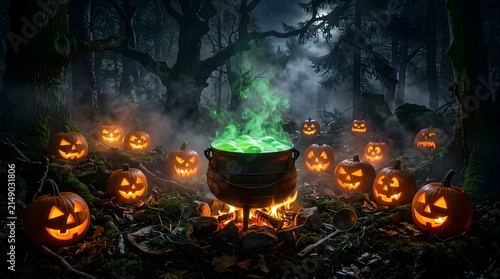 Cauldron filled with bubbling green potion sits in a dark forest surrounded by glowing carved pumpkins on a misty night.