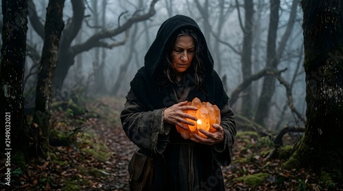 Witch holding a glowing carved pumpkin walks through a dense foggy forest during the autumn season to perform a ritual.