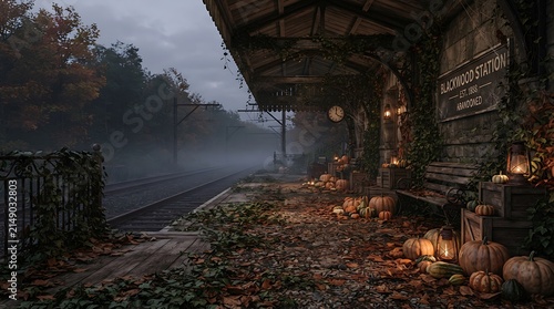 Atmospheric abandoned train station platform decorated with glowing lanterns and autumn leaves during a foggy evening