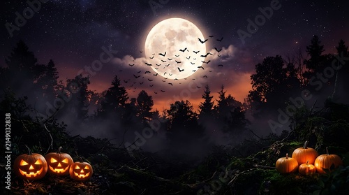 Spooky halloween night landscape featuring glowing jack o lanterns under a full moon with flying bats and forest