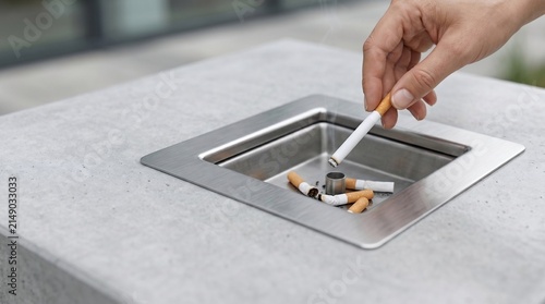 Person holding lit cigarette above metal outdoor ashtray with hand holding smoking cigarette over modern square stainless steel ashtray embedded gray concrete pedestal