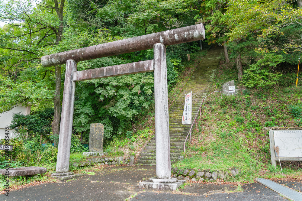 Fototapeta premium 靜神社へ続く長い石段と鳥居/Torii Gate and Long Stone Stairs Leading to Shizuka Shrine