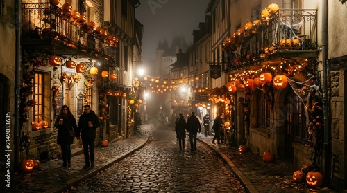 Cobblestone street in a historic town is decorated with glowing pumpkins and spooky lights while people walk through the mist.