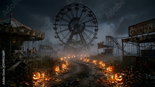 Ferris wheel looms over a desolate and foggy abandoned carnival ground illuminated by glowing jack-o'-lanterns at night.