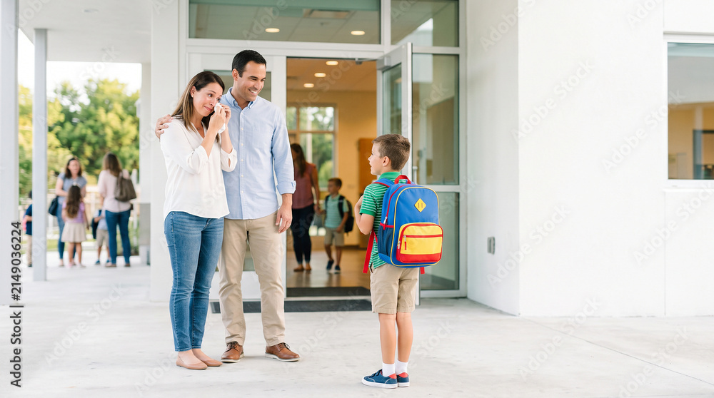 Fototapeta premium Parents saying goodbye to young son at school entrance on first day back