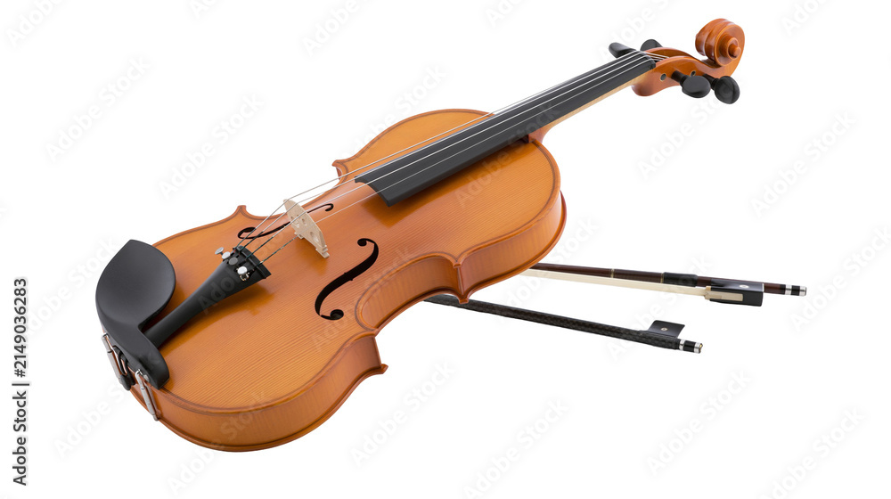 Fototapeta premium Wooden violin with bow and chin rest, musical instrument