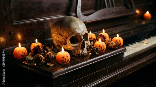 Skull resting on a vintage wooden piano creates a spooky atmosphere surrounded by glowing jack-o-lantern candles.