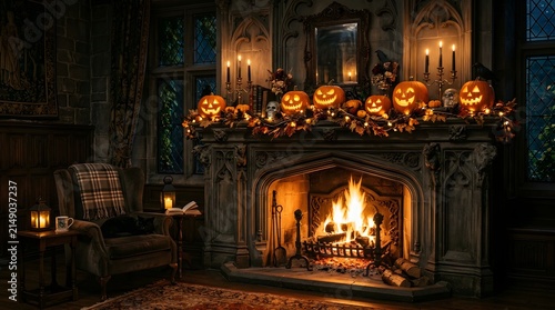 Fireplace mantel is decorated with glowing carved pumpkins and candles in an old stone room to create a festive holiday atmosphere.