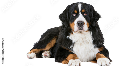 Bernese Mountain Dog lying down with tri-color fur