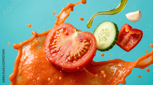 Fresh tomato and vegetables splashing through sauce as vibrant cooking and flavor explosion concept