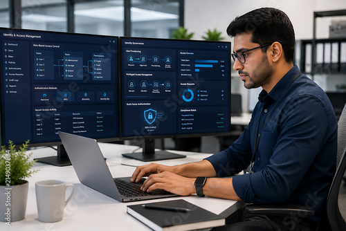 Professional IT Systems Administrator Configuring Identity and Access Management Security on Laptop in Modern Enterprise Office 